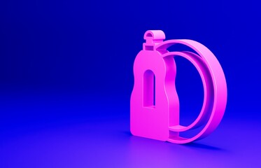 Obraz premium Pink Dishwashing liquid bottle and plate icon isolated on blue background. Liquid detergent for washing dishes. Minimalism concept. 3D render illustration