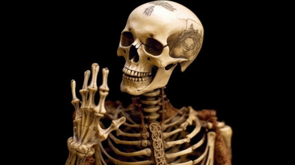 A medieval skeleton miniature with rised hand, generative ai