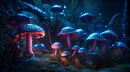 Fototapeta na wymiar Psychedelic Mushrooms Set Against a Dark Background
