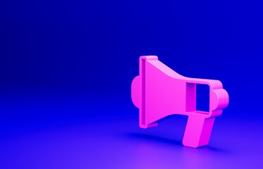 Pink Megaphone icon isolated on blue background. Speaker sign. Minimalism concept. 3D render illustration