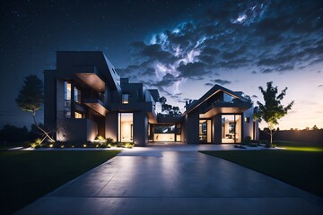 Photo of a contemporary house with beautiful night lighting - obrazy, fototapety, plakaty