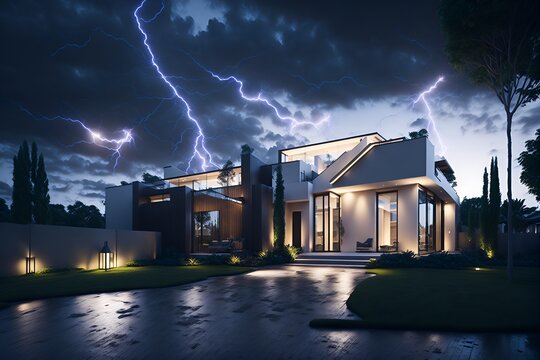 Photo of a house illuminated by bright lightning during a stormy night