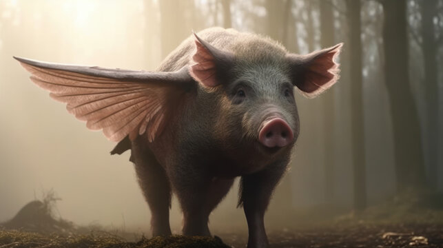 A pig with a giant pair of wings, generative ai