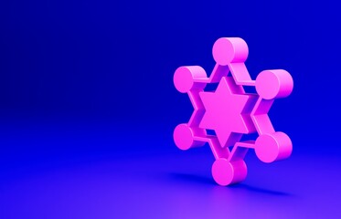 Pink Hexagram sheriff icon isolated on blue background. Police badge icon. Minimalism concept. 3D render illustration