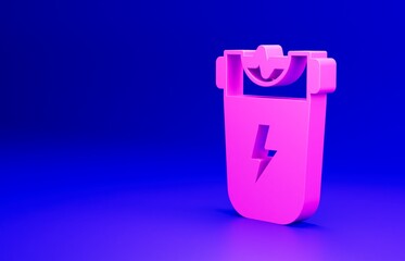 Pink Police electric shocker icon isolated on blue background. Shocker for protection. Taser is an electric weapon. Minimalism concept. 3D render illustration