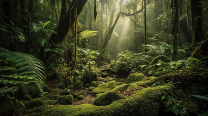 sunlight through the forest, a rainforest, generative ai