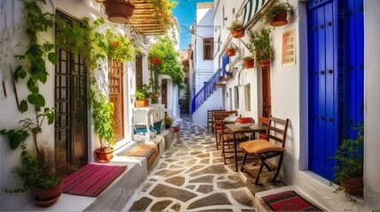 Plakat Traditional narrow streets with cute cafe bars in Greece. Skopelos island, Sporades