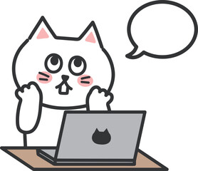 White cartoon cat in love while using a laptop computer with a speech bubble, vector illustration.