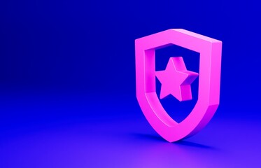Pink Police badge icon isolated on blue background. Sheriff badge sign. Minimalism concept. 3D render illustration