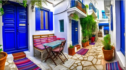 Fototapeta na wymiar Traditional narrow streets with cute cafe bars in Greece. Skopelos island, Sporades