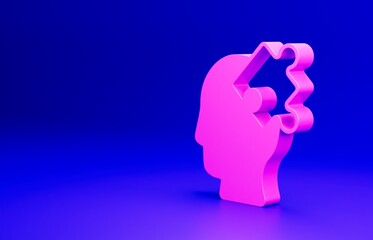 Pink Solution to the problem in psychology icon isolated on blue background. Puzzle. Therapy for mental health. Minimalism concept. 3D render illustration