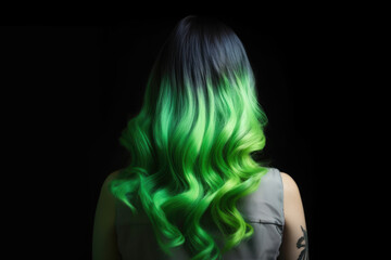Beauty fashion woman with colorful green dyed hair, view from back. Hair salon, care and beauty hair products, trendy coloring