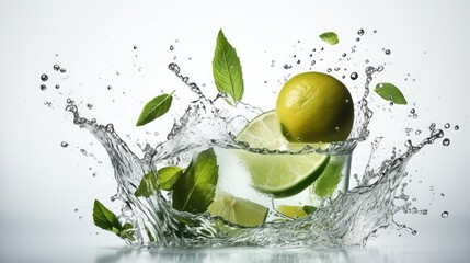 Fototapeta na wymiar Water splash on white background with lime slices, mint leaves, and ice cubes as a concept for summertime libations-enhance