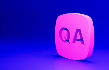 Pink Speech bubbles with Question and Answer icon isolated on blue background. Q and A symbol. FAQ sign. Chat speech bubble and chart. Minimalism concept. 3D render illustration