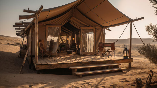 A tent in the desert with steps, generative ai
