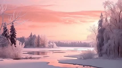 Foto op Plexiglas Lavendel Winter landscape with sunset pink snow ice and lake