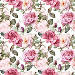 Seamless pattern with many pink roses on white background in watercolor style. Generative AI.