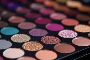 Obraz na płótnie Canvas Closeup shot of eyeshadow, cosmetics, makeup. Professional eyeshadow palette macro shot. Eye shadow collection, make up theme