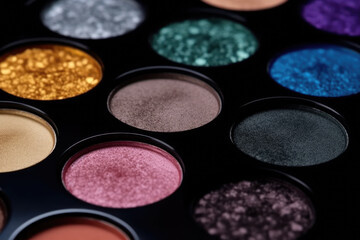 Closeup shot of eyeshadow, cosmetics, makeup. Professional eyeshadow palette macro shot. Eye shadow collection, make up theme