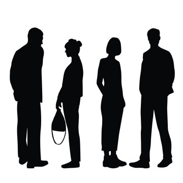 Vector silhouettes of  men and a women, a group of standing  business people, profile, couple, black color isolated on white background
