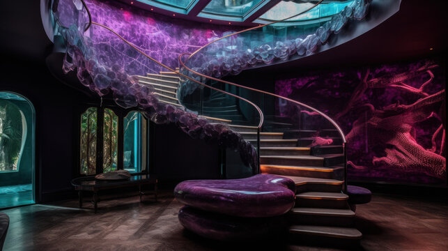Amethyst and amarist manison, neon room in modern style, generative ai