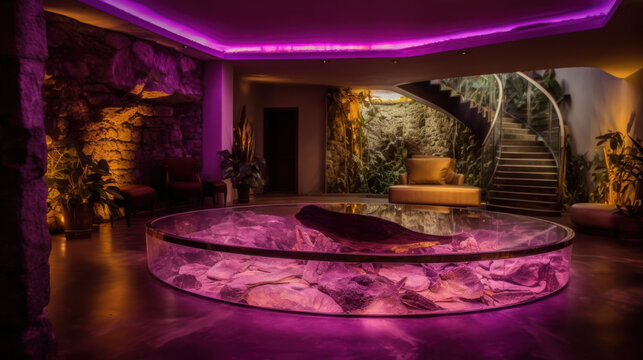 Amethyst and amarist manison, neon room in modern style, generative ai