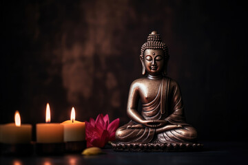 Buddha statue in meditation with lotus flower and burning candles. Meditation, spiritual health, peace, searching zen concept