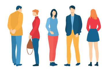 Obraz premium Set of young men and women, different colors, cartoon character, group of silhouettes of standing business people, students, design concept of flat icon, isolated on white background