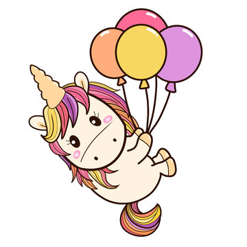 cute unicorn cartoon with colorful  balloon