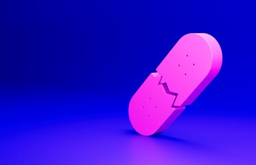 Pink Broken skateboard deck icon isolated on blue background. Extreme sport. Sport equipment. Minimalism concept. 3D render illustration
