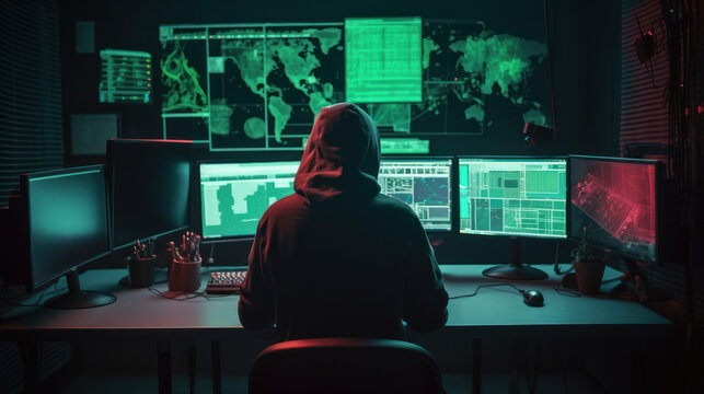 Back view of a nefarious hacker sitting on their chair behind computer, generative ai