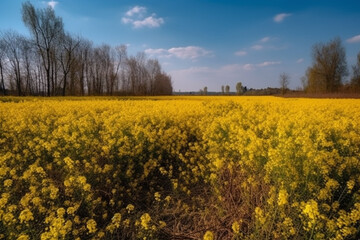 Obraz premium A stunning image of a vast field of bloomed colza against a clear blue sky, representing the beauty and vibrancy of nature. Ai generated.