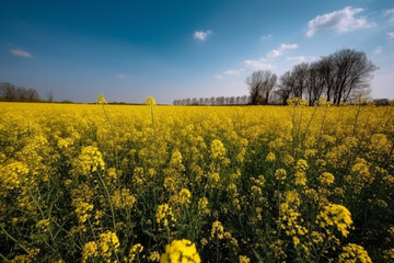 Obraz premium A stunning image of a vast field of bloomed colza against a clear blue sky, representing the beauty and vibrancy of nature. Ai generated.