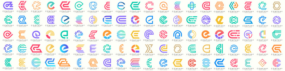 mega collection letters E logo design inspiration. minimalist abstract letter logos with colorful