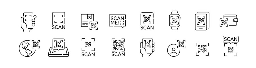 Scan qr-code with your smartphone. Quick contact payment using your camera. Pixel perfect, editable stroke icons