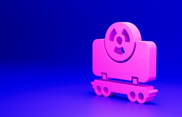 Pink Radioactive cargo train wagon icon isolated on blue background. Freight car. Railroad transportation. Minimalism concept. 3D render illustration