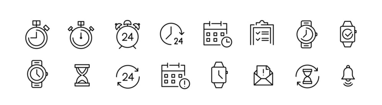 Time and date calendar and clock applications. Planning and deadline. Pixel perfect, editable stroke line icons