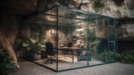 Fototapeta na wymiar Fully glass modern office inside a cave, generative ai