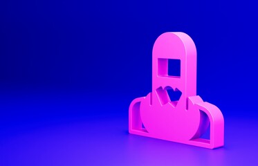 Pink Nuclear power plant worker wearing protective clothing icon isolated on blue background. Nuclear reactor worker. Minimalism concept. 3D render illustration