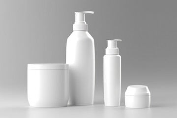 Different types of white cosmetic containers on light background. Realistic bottle mockup set, clean 3D plastic containers for creams, body lotion, soap, liquid gel. Unbranded cosmetic