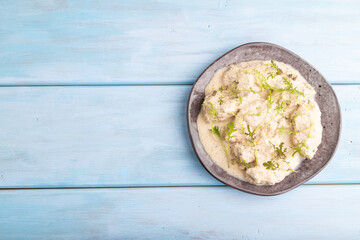 Stewed chicken fillets with coconut milk sauce.  top view, copy space.