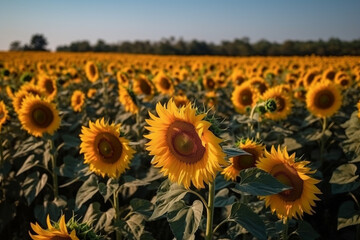 A breathtaking image of a sunflower field with tall stalks and bright yellow blooms against a clear blue sky, representing the beauty and power of nature. Ai generated.