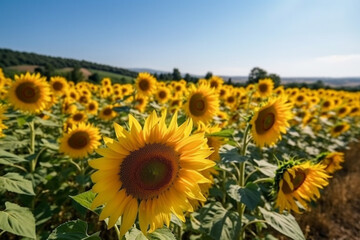 Obraz premium A breathtaking image of a sunflower field with tall stalks and bright yellow blooms against a clear blue sky, representing the beauty and power of nature. Ai generated.