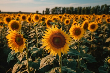 A breathtaking image of a sunflower field with tall stalks and bright yellow blooms against a clear blue sky, representing the beauty and power of nature. Ai generated.