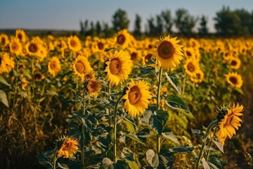 A breathtaking image of a sunflower field with tall stalks and bright yellow blooms against a clear blue sky, representing the beauty and power of nature. Ai generated.