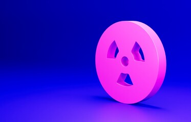 Pink Radioactive icon isolated on blue background. Radioactive toxic symbol. Radiation hazard sign. Minimalism concept. 3D render illustration