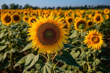 Obraz premium A breathtaking image of a sunflower field with tall stalks and bright yellow blooms against a clear blue sky, representing the beauty and power of nature. Ai generated.