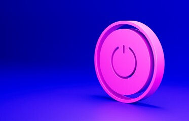 Pink Power button icon isolated on blue background. Start sign. Minimalism concept. 3D render illustration