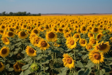 A breathtaking image of a sunflower field with tall stalks and bright yellow blooms against a clear blue sky, representing the beauty and power of nature. Ai generated.