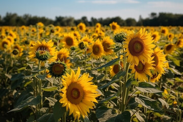 Fototapeta premium A breathtaking image of a sunflower field with tall stalks and bright yellow blooms against a clear blue sky, representing the beauty and power of nature. Ai generated.